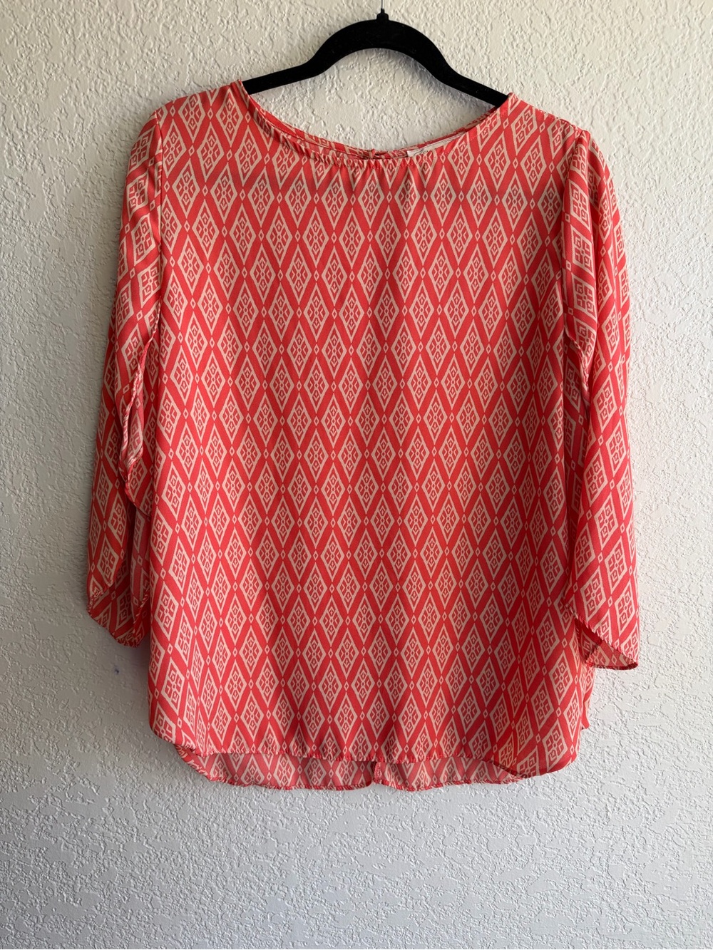 Women's Coral Printed Blouse with Geometric Detail